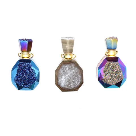 Natural Agate Stone Electroplated Druzy Perfume Bottle Pendant Necklace Geometric Hexagon Aromatherapy Essential Oil Bottle Necklace For Men Women Jewelry Gift