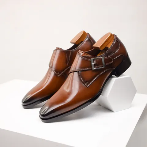 Ανδρικά Μοκασίνια από Γνήσιο Δέρμα Βοδιού Monk Strap Επαγγελματικά Slip-on Παπούτσια Γραφείου Με Μεταλλική Πόρπη Κλασικά Παπούτσια