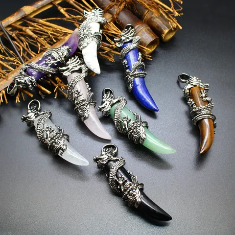Retro Alloy Dragon Wrapped Wolf Tooth Pendant Necklace Natural Amethyst Rose Quartz Obsidian Crystal For Men Women Gothic Jewelry