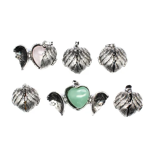 Collier Pendentif Médaillon Cœur Aile d'Ange Vintage pour Femmes Alliage Pierre Naturelle Quartz Rose Améthyste Bijoux