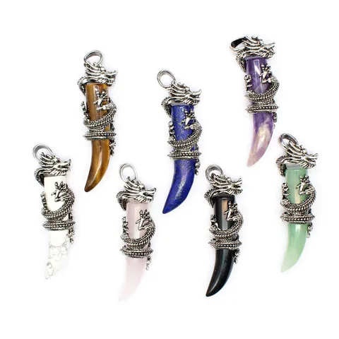 Retro Alloy Dragon Wrapped Wolf Tooth Pendant Necklace Natural Amethyst Rose Quartz Obsidian Crystal For Men Women Gothic Jewelry