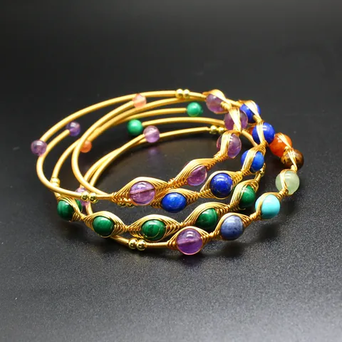 Handmade Woven 14K Gold Filled Natural Stone Bracelet Malachite Amethyst Lapis Lazuli Bohemian Ins Style Bangle Jewelry Women