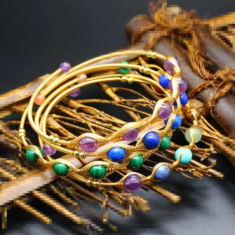 Handmade Woven 14K Gold Filled Natural Stone Bracelet Malachite Amethyst Lapis Lazuli Bohemian Ins Style Bangle Jewelry Women