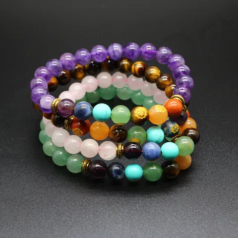 Natural Stone 7 Chakra Healing Crystal Bracelet 8mm Round Beads Elastic Yoga Reiki Prayer Energy Bracelet For Men Women