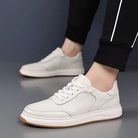 Men Casual Leather Shoes Top Layer Cowhide Thick Sole Lace Up Genuine Leather Litchi Texture Breathable Sneakers Big Size