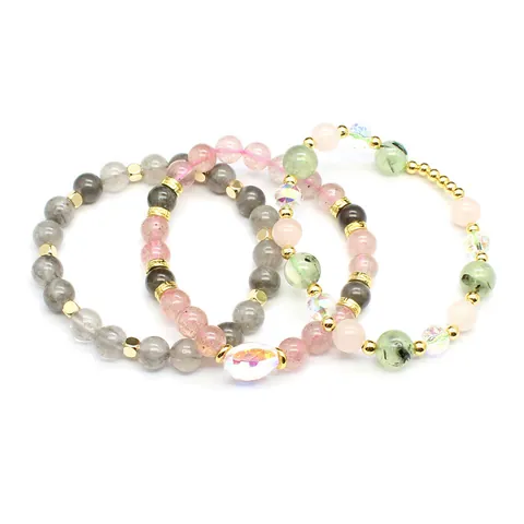Natural Stone Crystal Beaded Bracelet For Women Simple Fresh Strawberry Quartz Prehnite Handmade Stretch Bracelet Jewelry Gift