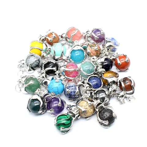 Frog Prince Holding Bead Pendant Only (Without Chain) Natural Stone Crystal Ball Alloy Electroplated Animal Jewelry Charm