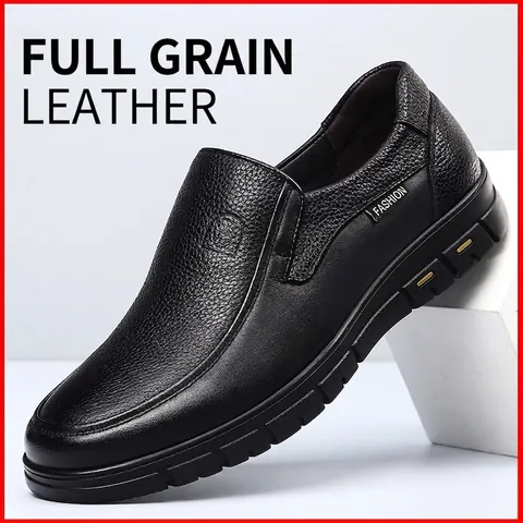 Men Business Casual Loafers Top Layer Cowhide Leather Shoes For Middle Aged Men Breathable Waterproof Non-Slip Dad Shoes