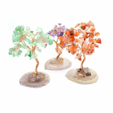 Handmade Wire Wrapped Crystal Tree Of Life Mini Chakra Tree With Natural Agate Slice Base Healing Stone Decoration Home Office Desktop Feng Shui Decor