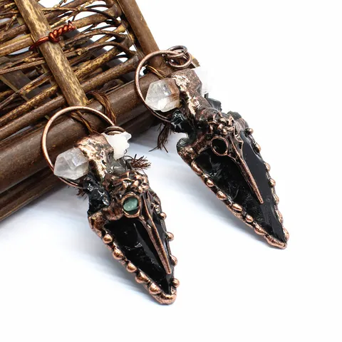 Gothic Black Obsidian White Crystal Raven Skull Arrowhead Pendant Only Vintage Bohemian Bronze Alloy Natural Stone DIY Jewelry Pendant