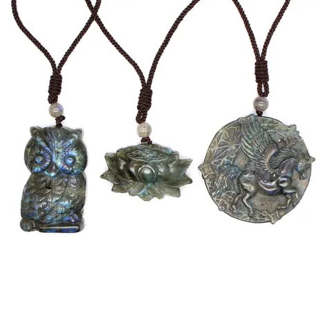 Natural Labradorite Hand Carved Pendant Necklace For Men Women Healing Crystal Meditation Stone Animal Flower Amulet Jewelry