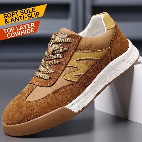 Men Retro GAT Style Casual Sneakers Top Grain Leather Stitching Round Toe Thick Rubber Sole Lace Up Fashion Board Shoes Daily Trainer