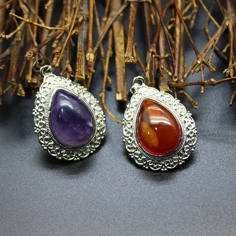 Vintage Natural Stone Teardrop Pendant Alloy Scalloped Border Filigree Hollow Out Water Drop Pendant Necklace For Women Jewelry