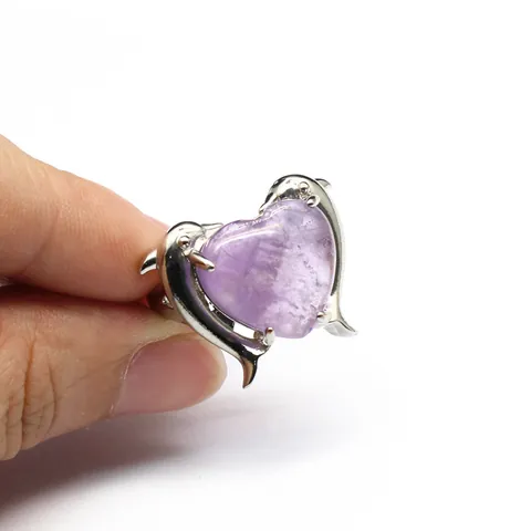 Bague Ouverte Double Dauphin Cœur en Pierre Naturelle Style Ins Ajustable Pour Hommes Femmes Bijou Animal Améthyste