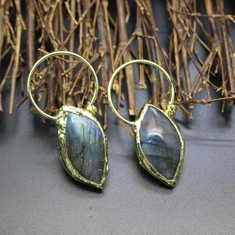 Natural Labradorite Clear Quartz Green Fluorite Raw Stone Pendant Sunflower Motif Alloy Gold Bronze Plated Bohemian Jewelry