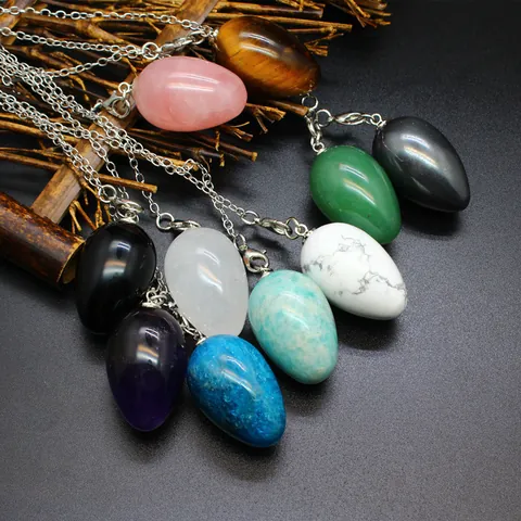 Natural Stone Crystal Egg Shape Pendulum Necklace For Women Men Healing Rose Quartz Amethyst Tiger's Eye Obsidian Pendant Spiritual Meditation Jewelry Gift