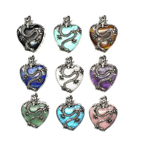 Vintage Chinese Dragon Wrap Heart Crystal Stone Pendant Necklace For Women Retro Alloy Gemstone Jewelry Gift