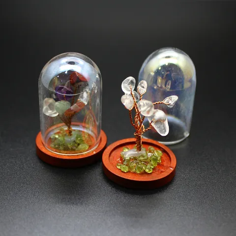Mini Natural Crystal Stone Tree of Life Tabletop Ornament With Glass Dust Cover Handmade Copper Wire Money Tree Desk Decor