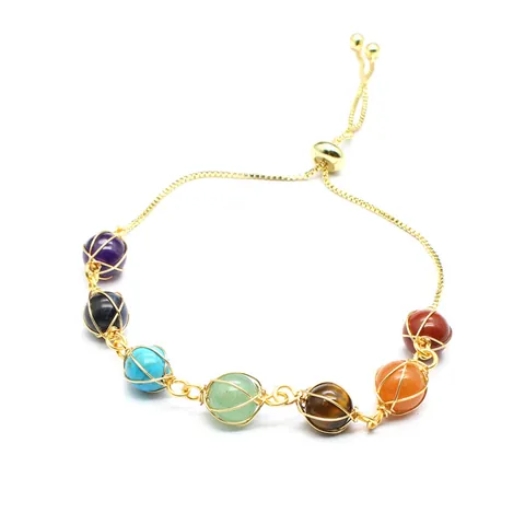 14K Gold Filled Natural Stone Bracelet Seven Chakra Healing Crystal Handmade Woven Adjustable Wristband Jewelry for Women Gift