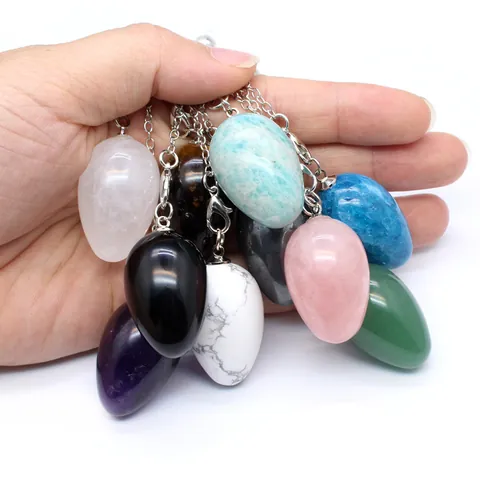 Natural Stone Crystal Egg Shape Pendulum Necklace For Women Men Healing Rose Quartz Amethyst Tiger's Eye Obsidian Pendant Spiritual Meditation Jewelry Gift