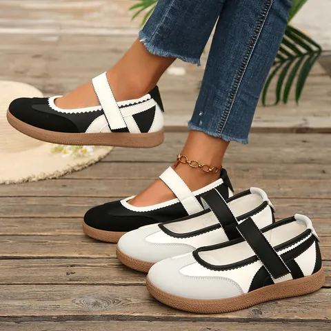 Women Mary Jane Flat Shoes PU Leather Hook and Loop Ballet GAT Style Retro Casual Comfortable Daily Walking Sneakers