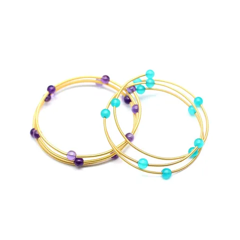 Bracciale Rigido da Donna Placcato Oro 24K a 3 Strati a Spirale in Pietra Naturale Ametista Agata Verde Cristallo Gioielli