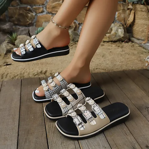 Ciabatte da Donna Stile Francese Con Decorazione in Perle Artificiali Motivo a Quadri Punta Quadrata Sandali Bassi per Spiaggia Vacanza Estate Scarpe alla Moda