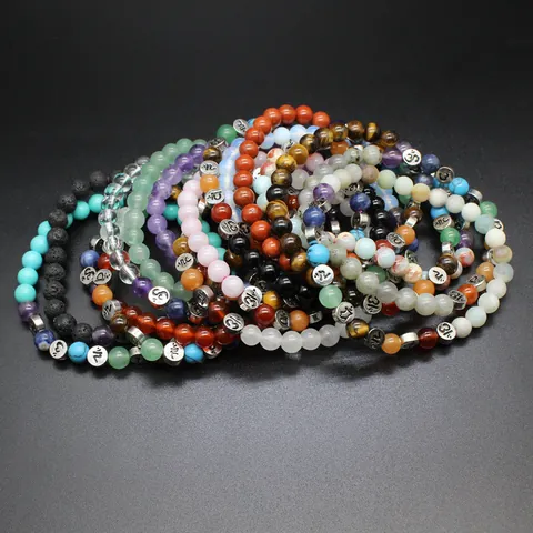 Pulsera de Piedra Natural de 7 Chakras Curativa con Cuentas de Cristal Redondas de 6mm Símbolo Om Meditación Yoga para Hombres Mujeres