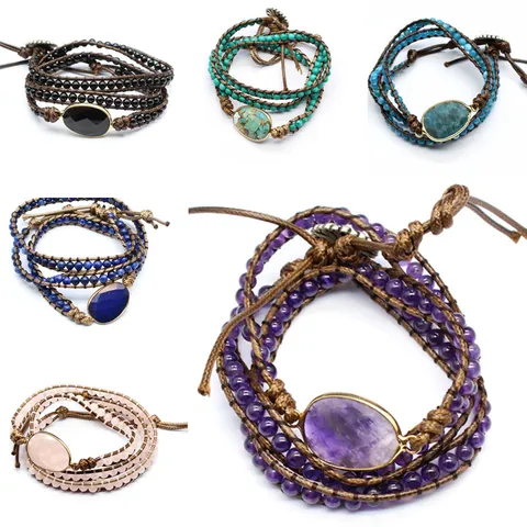 Handmade Natural Stone Wrap Bracelet For Women Men Bohemian Multi-Layer Braided Wax Rope Bracelet With Polished Raw Gemstone Healing Crystal Jewelry Gift