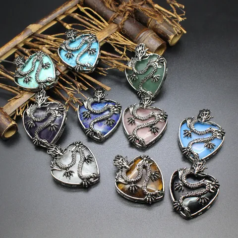 Vintage Chinese Dragon Wrap Heart Crystal Stone Pendant Necklace For Women Retro Alloy Gemstone Jewelry Gift
