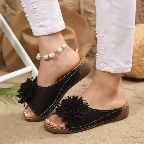 Women Flower Wedge Platform Slippers Peep Toe Summer Beach Sandals PU Leather Fashion Outdoor Slide Sandals