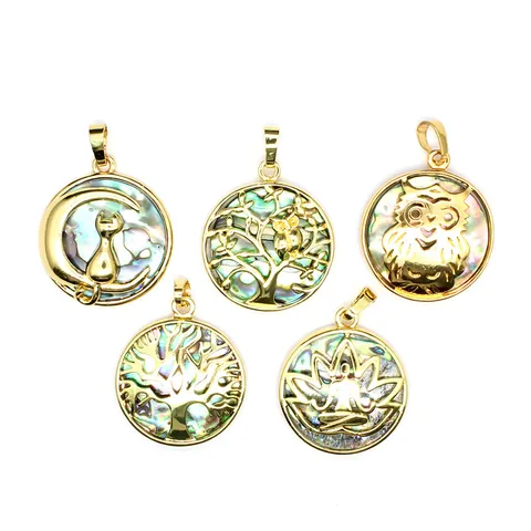 Natürliche Abalone-Muschel Anhänger Ohne Kette 24K Gold Galvanisiert Lebensbaum Katze Mond Eule Yoga Schmuck Für Damen