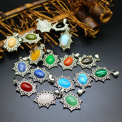Vintage Hollow Alloy Natural Stone Pendant Necklace Oval Crystal Gemstone Small Jewelry For Women Daily Dating Gift