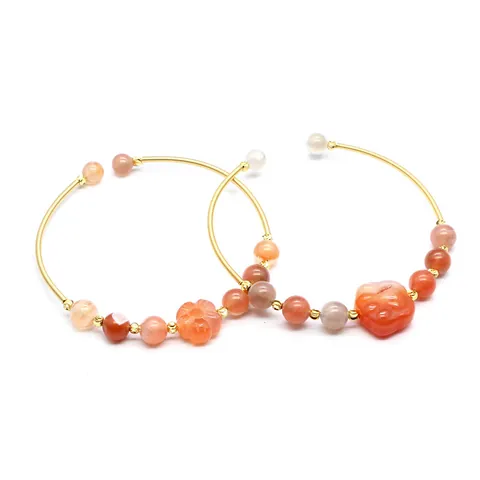 Vintage Chinesischer Stil 24K Vergoldet Roter Achat Offener Armreif Für Damen Naturstein Katzenkralle Blume Verstellbarer Schmuck