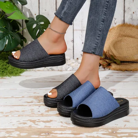 Women Summer Platform Slide Sandals Casual Ribbed Cloth Upper Thick Sole Non-Slip Beach Slippers Large Size Outdoor Sandals