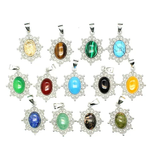 Vintage Hollow Alloy Natural Stone Pendant Necklace Oval Crystal Gemstone Small Jewelry For Women Daily Dating Gift
