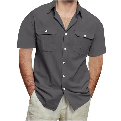 Heren Casual Katoen Linnen Overhemd Met Korte Mouwen Met Dubbele Zakken Button-Down Kraag Effen Kleur Zomervakantie Top