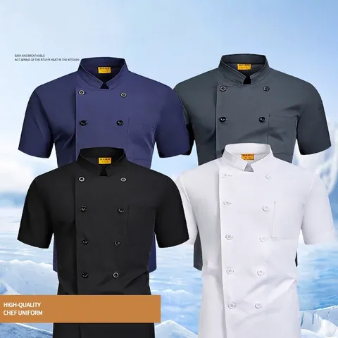 Professional Men Chef Uniform Short Sleeve Stand Collar Double Breasted Breathable Restaurant Kitchen Workwear Shirt Polyester Top