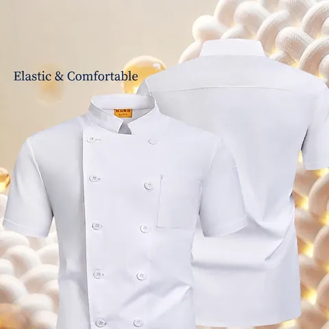 Professional Men Chef Uniform Short Sleeve Stand Collar Double Breasted Breathable Restaurant Kitchen Workwear Shirt Polyester Top