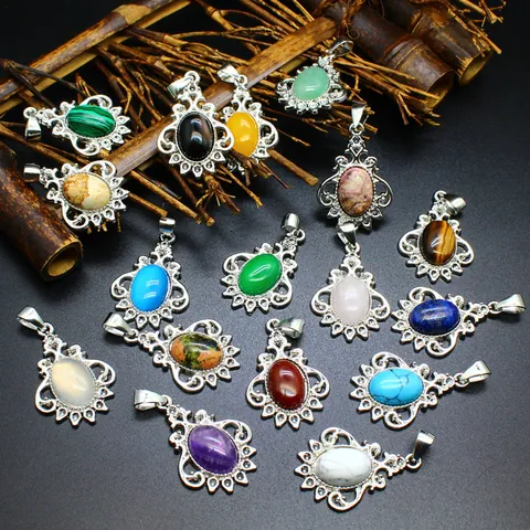 Vintage Natural Stone Pendant Alloy Filigree Oval Cabochon Rhinestone Inlaid Pendant For Women Jewelry Making Accessory