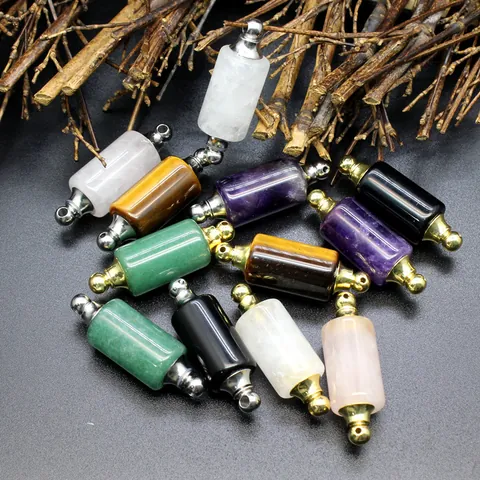 Natural Stone Essential Oil Bottle Pendant Cylinder Crystal Clear Quartz Amethyst Perfume Bottle Necklace For Women Jewelry