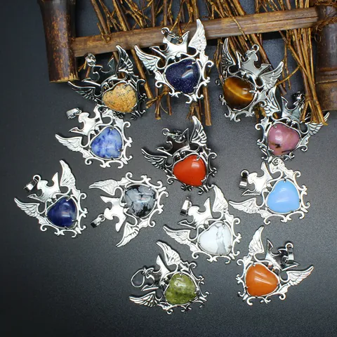 Natural Stone Heart Pendant With Crown And Wings Vintage Crystal Alloy Pendant Jewelry For Women Valentine Gift
