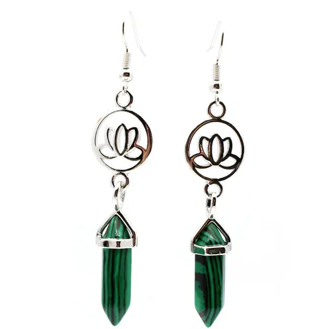 Chinese Style Hollow Lotus Alloy Dangle Earrings With Natural Stone Hexagonal Crystal Pillar Pendant Vintage Jewelry For Women
