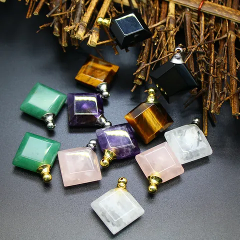 Rhombus Natural Stone Perfume Bottle Pendant Essential Oil Diffuser Charm Copper Cap Amethyst Rose Quartz For Women Jewelry