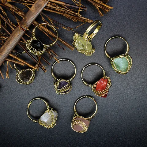 Exaggerated Bohemian Handmade Wire Wrapped Natural Crystal Raw Stone Adjustable Ring For Women Vintage Ethnic Jewelry Gift