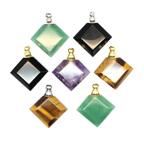 Rhombus Natural Stone Perfume Bottle Pendant Essential Oil Diffuser Charm Copper Cap Amethyst Rose Quartz For Women Jewelry