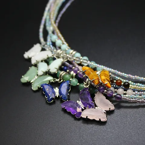 Natural Semi-Precious Stone Crystal Butterfly Pendant Necklace For Women Beaded Chain Luxurious Jewelry Gift