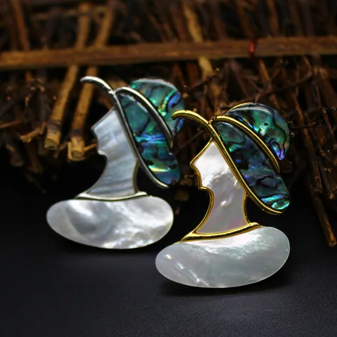 Vintage Natural Mother of Pearl Abalone Shell Lady Portrait Brooch Pendant Dual Use Jewelry Retro Alloy Inlaid Women Ornament