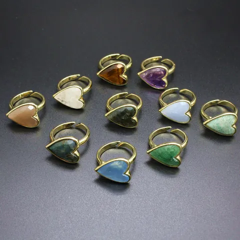 Vintage Heart Natural Stone Adjustable Ring For Women Retro Gold Plated Heart Shaped Rose Quartz Amethyst Ins Fashion Jewelry Accessory