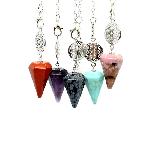 Natural Stone Hexagonal Column Pendant Necklace Flower Of Life Alloy Healing Crystal Point Spiritual Jewelry For Women